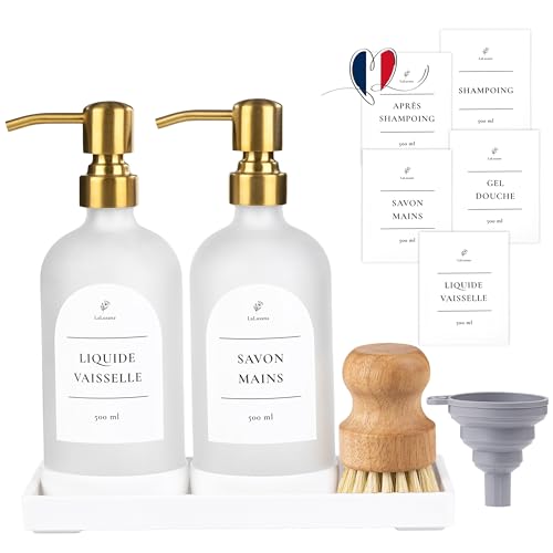 LaLusana Distributeur de Savon Liquide en Verre 500ml – Lot de 2 avec Pompe INOX Dorée, Plateau,...