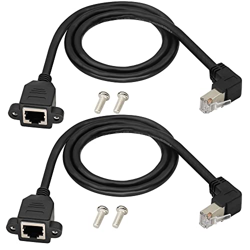 Upward 90°Angle RJ45 LAN Network Extension Cable Cat6 RJ45 90 Degree Male to Female Shielded Ethernet Network Connector Screw Panel Mount 8P8C Cable [2pack/Upward ][0.6M/1FT]
