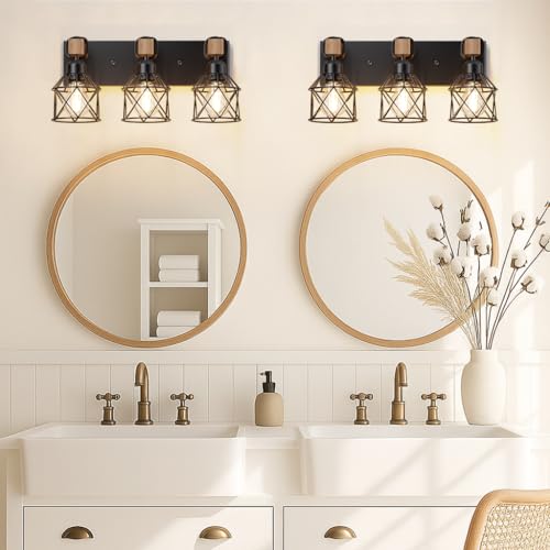 Image of Farmhouse Vanity Light for Bathroom, 3-Light Wood Bathroom Vanity Light Fixtures Over Mirror, Black Rustic Wall Sconce with Cage Metal Lampshade, Vintage Wall Lights for Bedroom, Living Room, Hallway