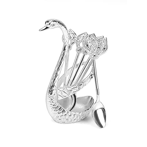Laelr Lot de 6 cuillères à café avec support à base de cygne, cuillères à dessert avec organiseur, petites cuillères délicates pour café, dessert, crème glacée (argent) Cover