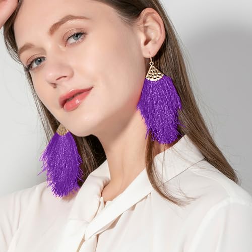 Fringe Feather Earrings for Women - Boho Tassel Jewellery (Purple)3