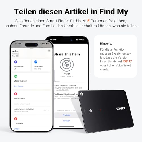 UGREEN FineTrack Slim kompatibel mit Apple Find My (nur iOS), Bluetooth Tracker, IP68 Wasserdicht, wiederaufladbarer Geldbörsenfinder, SmartTag Tracker Karte für Wallet, Reisepässe, Gepäck