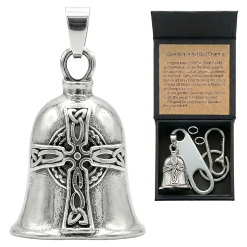 Image of Motorcycle Bell Guardian Angel - Good Luck Gremlin Charm Gift With Gift Box, Legend Card, Keychain And Hanger For Rider Men Kids Friends & Weather-resistant Bells For Bike Car Bicycle (Irish Cross)