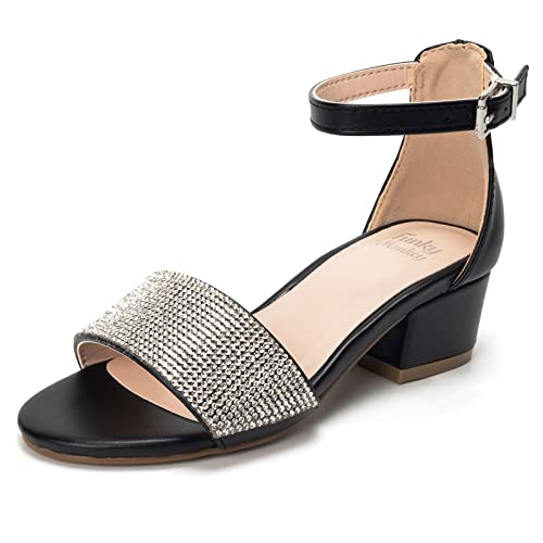 Image of FUNKYMONKEY Girls Low Heels Sandals Open Toes with Ankle Strap Rhinestone Dress Shoes for Kids