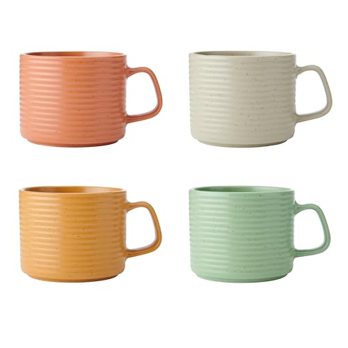 KitchenCraft Idilica Tazze impilabili in gres, set di quattro tazze da caffè impilabili, multicolore, capacità 4 ml, lavabili in lavastoviglie e in microonde