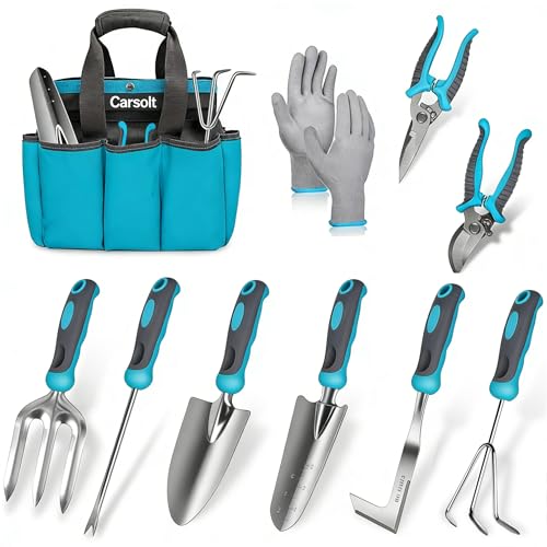 Gardening Tools, Carsolt 10 Piece Heavy Duty Stainless Steel Garden Tools Set with Ergonomic Rubber Handle. Variety of Gardening Hand Tools with Gift Box Ideal Garden Gifts for Women
