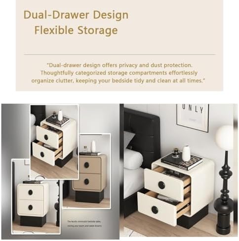 Minimalist Beige Nightstand with 2 Storage Drawers, Circular Handle Bedside Table, Space-Saving Furniture for Bedroom, Living Room, Home Organization (40cm)
