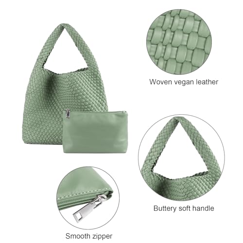 Image of Woven Tote Bag for Women with Purse, Vegan Leather Hobo Bags Large Handmade Underarm Shoulder Bag