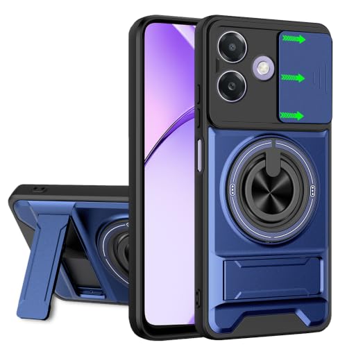 Image of AESTMO Oppo A3X 5G Back Cover | Armor Camera Slider 360 Degree Rotating Finger Ring Holder Case with Bracket Stand Back Case Cover (Compatible with MagSafe Accessories) (Blue)