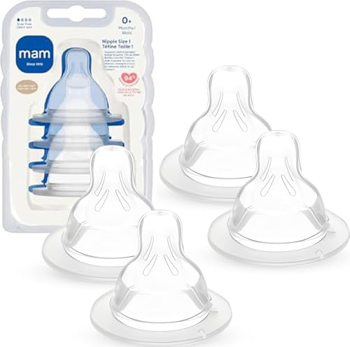 Image of MAM Baby Bottle Anti-Colic Slow Flow Nipples, Fits All MAM Bottles, 4 Pack | Size 1, Newborn Babies, Skin Soft BPA Free Silicone, 94% Nipple Acceptance, Developed With Medical Experts, Made In Europe