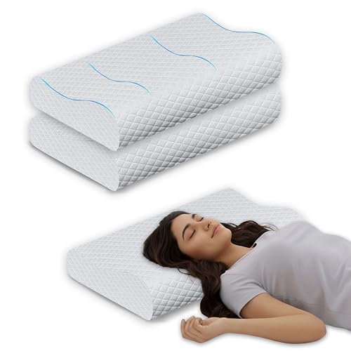 Image of Cervical Memory Foam Pillow Set of 2 for Neck and Shoulder Pain Relief, Ergonomic Contour Design for Back and Side Sleepers, Breathable White Cover, 60 x 35 x 12 cm