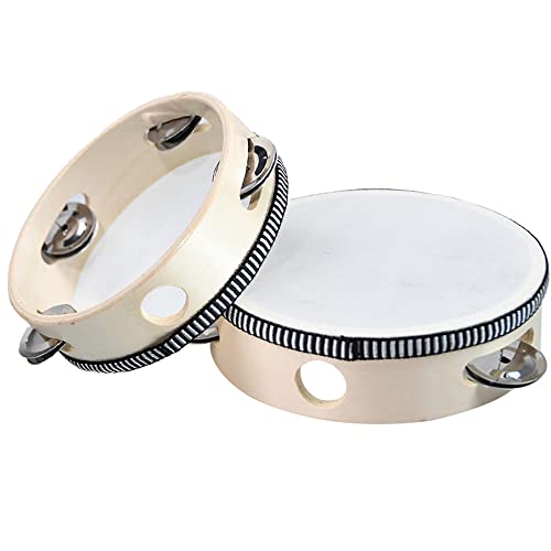 2 Pièces Tambour à Main , Tambours à Main à Percussion, Tambourin à Main en Bois, Tambourin à Main en Bois à Une Rangée avec Cloche pour Fête, Jeux, Danse, Enfants, Adultes, Cadeau, 6 et 8 Pouces Cover