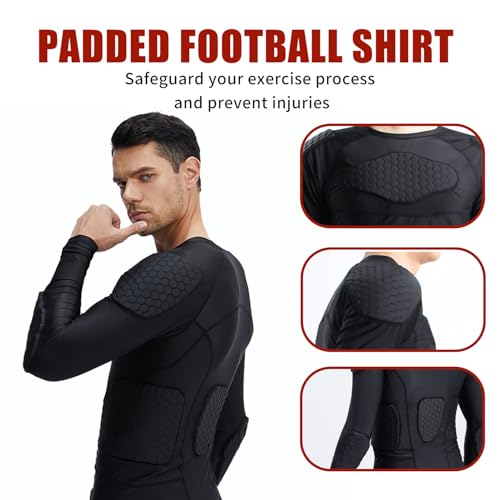 MK MOSSE KARNE Men Padded Compression Shirt Football Rib Protector 8-Pads Chest Protector Long Sleeve Football Padded Shirt Protective Gear Basketball