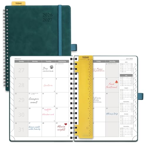 POPRUN 2026-2027 Monthly Planner, 6.5" x 8.5", 18 Month Calendar (July 2026 to December 2027) with Expense Tracker, Notes Pages, Sprial Bound, Leather Softcover - Petrol Green