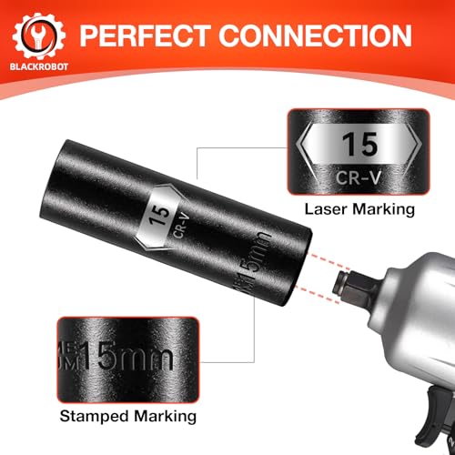 Image of BLACKROBOT 1 /2 Inch Drive 6-Point Deep Socket, 15mm Deep Impact Socket, CR-V Steel