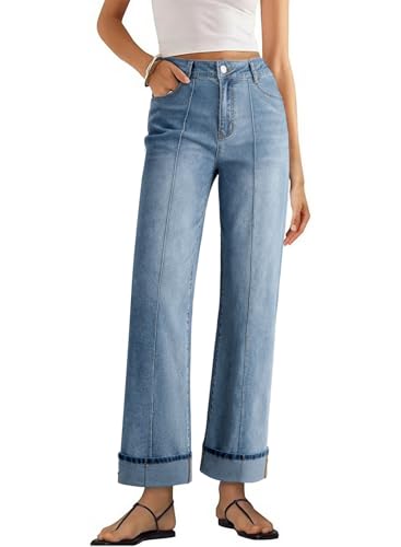 Sidefeel Women's Wide Leg Cuffed Jeans High Waisted Baggy Stretchy Denim Pants with Pockets