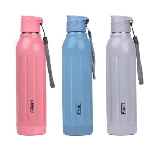 Image of FLAIR Arrow 900 Stainless Steel Water Bottle Set of 3 (650 ml Each), Assorted, Hot & Cold, Leakproof, BPA-Free, ISI Certified, Stainless Steel Bottle for Office, Gym, Travel, Trekking & Outdoor Sports