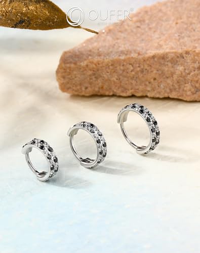 OUFER 20G Checkerboard Nose Rings For Women, 316L Surgical Steel Nose Rings Hoops, Black and Clear Cyrstal Double Hoop Hinged Segment Septum Conch Helix Lip Body Piercing Jewelry for Men-6/7/8MM4