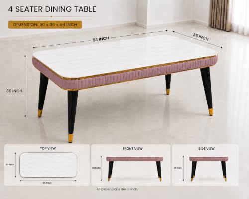 Image of WOODEN SPACE Majestic 4 Seater Wooden Dining Table Set | Urban Marble Top Dining Table with Chairs for Dining Room & Kitchen (Modern Classic Printed Pink) (54 x 36 x 30 inch)