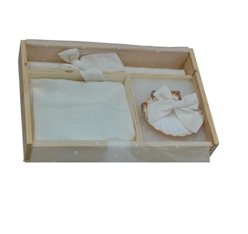 Kit De Lujo Personalizado Para Bautizo - Conjunto De Vela, Pañuelo Y Concha Bordado Caja De Madera Grabada Con El Nombre Y Fecha Del Bautismo - Modelo Bambula Blanco