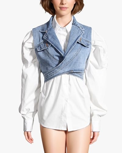 BAIMORE Women's 2 Piece Outfit Solid Button Down Puff Long Sleeve Shirt with Irregular Denim Vest Set2