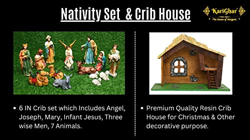 Image of KariGhar Nativity /Crib Idols Set of 16 Pieces (6 inch)[Pack - Crib House,Mary, Joseph, Baby Jesus, Angel, 3 Wise Men, The Shepherd, 7 Animals], Multicolour, A0096