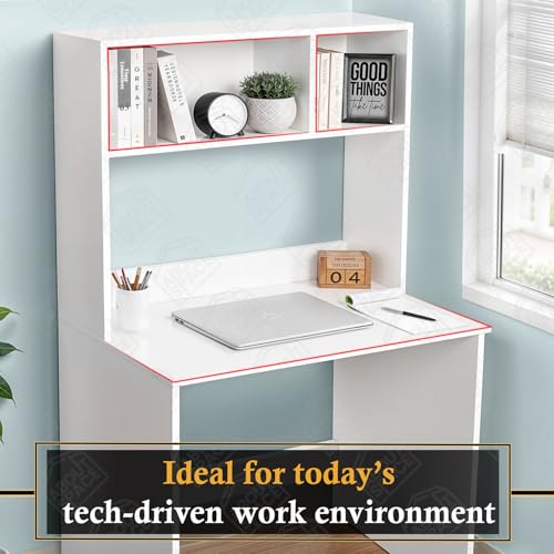 Image of ABOUT SPACE Study Table with Hutch - Computer Table with Storage for PC, Laptop & Writing, Gaming, Drawing DIY Engineered Wood Office Desk for Home (White L 80 x B 45 x H 150 cm)