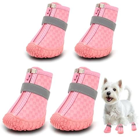 Dog Shoes for Small Dogs, Waterproof Dog Boots Paw Protector for Hot Pavement Winter Snow, Dog Booties with Reflective Strips Rugged Anti-Slip Sole for Hardwood Floors Outdoor Walking Pink Size 3 Cover