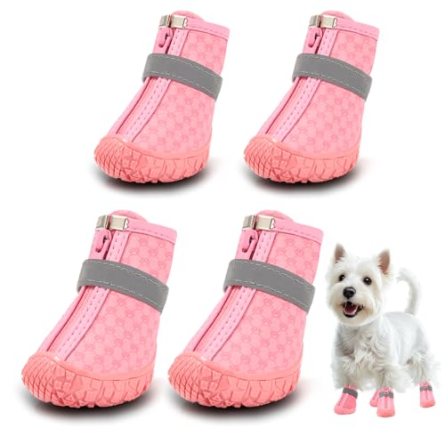 Dog Shoes for Small Dogs, Waterproof Dog Boots Paw Protector for Hot Pavement Winter Snow, Dog Booties with Reflective Strips Rugged Anti-Slip Sole for Hardwood Floors Outdoor Walking Pink S