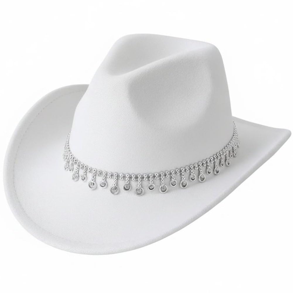 Sslvya Western Cowboy Hat Rhinestone Tassel Cowgirl Hat Wide Brim Panama Headwear for Country Concert Festival Party