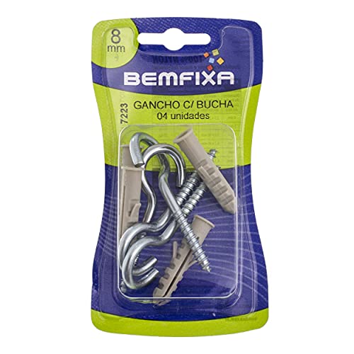 BemFixa Bucha de Nylon com Anel e Gancho Zincado 8mm 4,4 x 70 mm, 4 Peças,