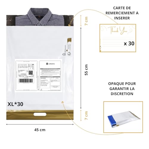ShipSafely - 30 Versandtaschen / Verpackung XL (55 x 45 cm) – blickdicht, strapazierfähig, wasserdicht & wiederverwendbar mit Griff, Doppelklebeband, Versandtasche + Dankeskarten