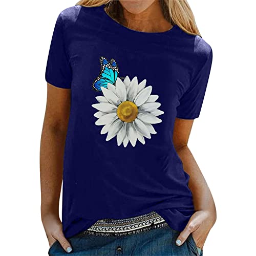 Eauptffy Camiseta de verano básica de manga corta para mujer, elegante, para el tiempo libre, cuello redondo, túnica, camiseta con estampado de girasol, sudadera, blusa, túnica, blusa Cover
