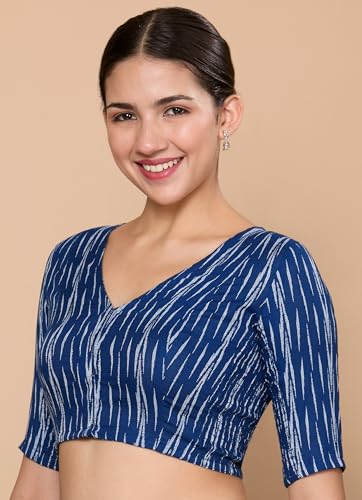 Image of Studio Shringaar Women's Cotton Half Sleeves Ikat Stretchable (Smocked) Readymade Saree Blouse