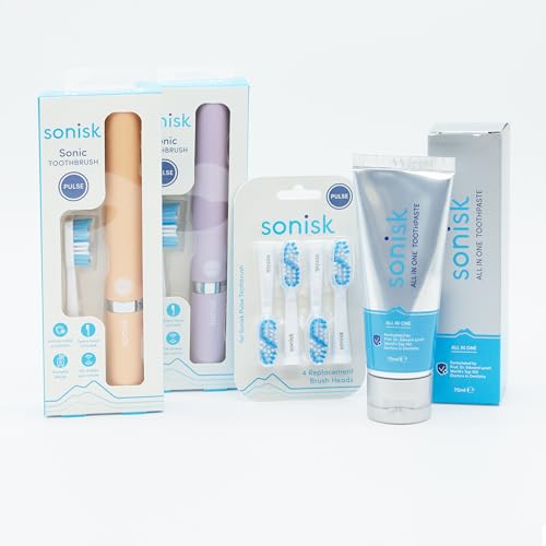 Sonisk Couples Bundle | 2X Pulse Electric Toothbrushes, 4 Replacement Heads, All-in-One Toothpaste | Sonic Technology, Plaque Removal | Dentist Recommended, Travel-Friendly (Peachy Peach & Lilac)