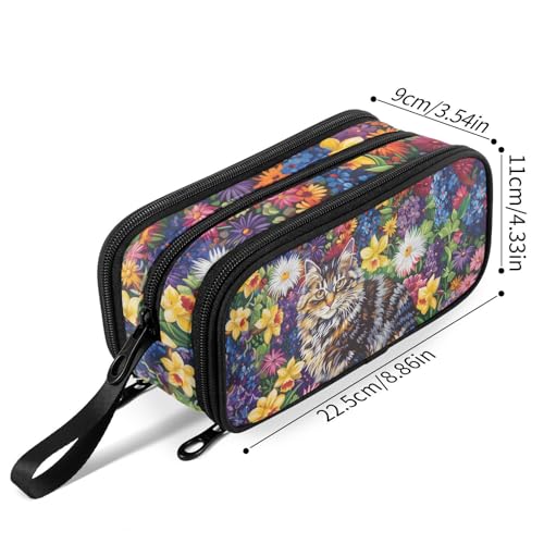 Image of Fustylead Vibrant Hand Draw Cat and Various Spring Floral Pencil Pen Case with 3 Compartments, Lightweight & Spacious Stationery Bag Cosmetics Bag