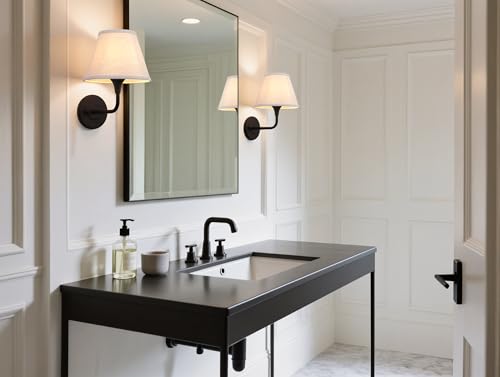 Image of PERMO Black Wall Sconces Set of 2 Hardwired Fabric Sconce with White Lampshade Set of Two Wall Light for Living Room Bedroom Hallway Bathroom Stairs Kitchen