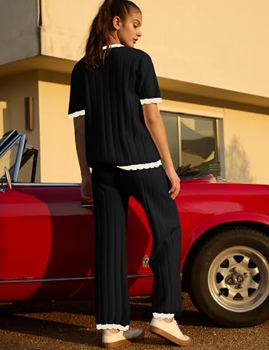 Image of Lumister Two Piece Sets for Women Sweater Sets Short Sleeve Knit Pullover Tops Wide Leg Pants Lounge Sets