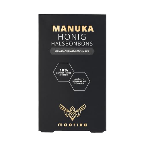 maorika Manuka Honig Bonbons mit fruchtig-exotischem Mango-Orangen Geschmack - Manuka Halsbonbons MGO 400+ aus Neuseeland, zertifiziert und laborgeprüft (100g, 19 Stück)