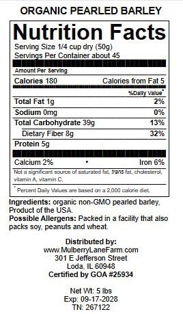 Pearled Barley 5 Pounds Pearl, USDA Certified Organic, Non-GMO Bulk, Product of USA, Mulberry Lane Farms - Image 2