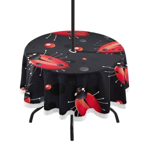 Wajiw 60 Inch Indoor Outdoor Round Tablecloth with Umbrella Hole and Zipper Waterproof Patio Table Cover for Camping Dining Room Party Outdoor Picnic,Ladybugs