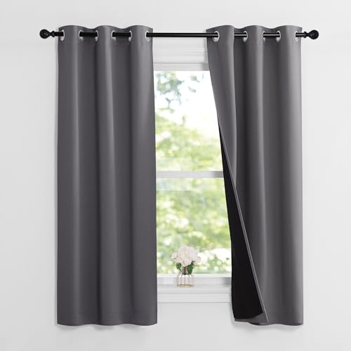 Image of NICETOWN 100% Blackout Short Curtains with Black Liners, 2 Panels, 37 inch W by 60 inch L, Grey, Solid Thermal Insulated Full Blackout 2-Layer Lined Drapes, Energy Efficiency Window Draperies for Bedroom