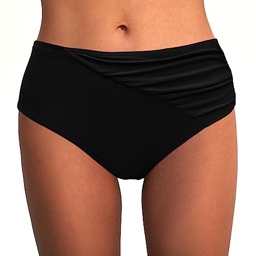 Rayson Braguitas de Bikinis Mujer Cintura Alta Ruched Rayas Parte de Abajo Bikini Vientre Plano Trajes de Baño Mujer(Negro,L)