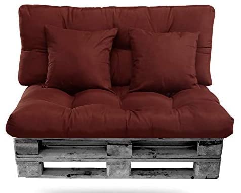 Genérico Conjunto de Cojines para Palet (1 Asiento + 1 Respaldo + 2 Cojines Decorativos). Cojín de Palets y de sillones de 2 plazas. Ideal para Interior y Exterior (Rojo)