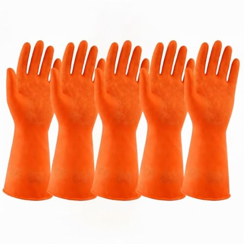 Image of LADWA Premium Rubber Cleaning Gloves, Orange Color Reusable Waterproof Gloves for Kitchen Cleaning, Dishwashing, Gardening and Bathroom Use (Pack of 5 Pairs)