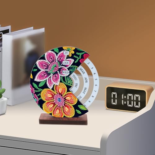 Image of AiYuanzsh DIY Diamond Art Tabletop Perpetual Calendar, 3D Wooden Desk Ornament with Floral Design, Sparkling Crystal Diamond Painting Kit for Desktop Decoration