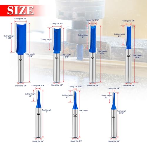 Image of 7Pcs Straight Cut Router Bit Set 1 /4 inch Shank, Carbide Tipped Double & Single Flute Dado Straight Router Bit Set,1 /8 inch,5 /32 inch,3 /16 inch,1 /4 inch,5 /16 inch,3 /8 inch,1 /2 inch Cutting Dia. for Woodworking
