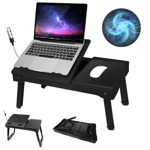 Foldable Laptop Table with Cooling Fan, LED Light, 4 x