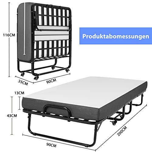 DICTAC Klappbett 90x200cm Erwachsene mit ca.13CM Matratze aus Gedächtnisschaum Gästebett Klappbar Metallrahmen Klappbetten mit Rollen Reisebett Faltbares Metallbett Stabil bis 200 kg belastbar