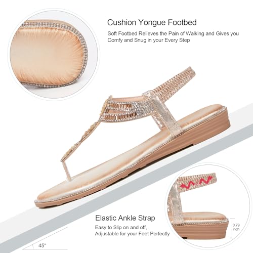Image of iCKER Women Rhinestone Sandals T-Strap Buckle Bohemian Pearl Crystal Flat Sandals